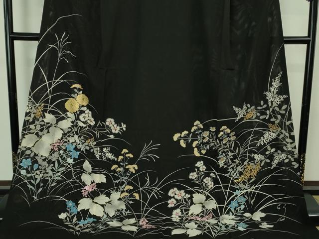 平和屋本店＊極上 夏物 黒留袖 お引きずり・お引き摺り 舞妓 芸妓 芸者 衣装 絽 駒刺繍 秋草文 黒地 金彩 逸品 DZAB4344kh6