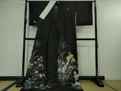 平和屋本店＊極上 夏物 黒留袖 お引きずり・お引き摺り 舞妓 芸妓 芸者 衣装 絽 駒刺繍 秋草文 黒地 金彩 逸品 DZAB4344kh6