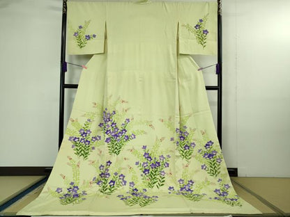 平和屋本店＊極上 夏物 訪問着 お引きずり・お引き摺り 舞妓 芸妓 芸者 衣装 絽 草花文 若芽色地 八掛付き 逸品 DZAB4345kh6