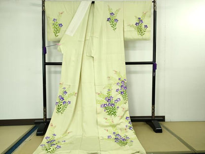 平和屋本店＊極上 夏物 訪問着 お引きずり・お引き摺り 舞妓 芸妓 芸者 衣装 絽 草花文 若芽色地 八掛付き 逸品 DZAB4345kh6