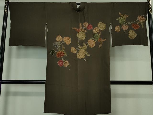 平和屋本店∞極上　長羽織　葵　赤墨茶色地　鬼しぼ縮緬　金彩　逸品　DZAB4348kh6
