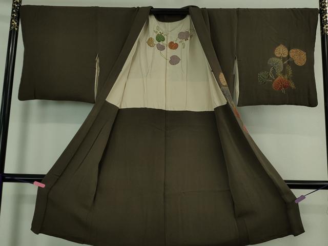 平和屋本店∞極上　長羽織　葵　赤墨茶色地　鬼しぼ縮緬　金彩　逸品　DZAB4348kh6