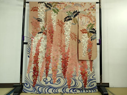 平和屋本店●極上　アンティーク　大正ロマン　振袖　駒刺繍　藤花房　暈し染め　金糸　逸品　DZAB4349kh6