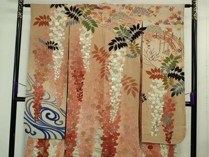 平和屋本店●極上　アンティーク　大正ロマン　振袖　駒刺繍　藤花房　暈し染め　金糸　逸品　DZAB4349kh6