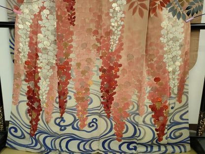 平和屋本店●極上　アンティーク　大正ロマン　振袖　駒刺繍　藤花房　暈し染め　金糸　逸品　DZAB4349kh6