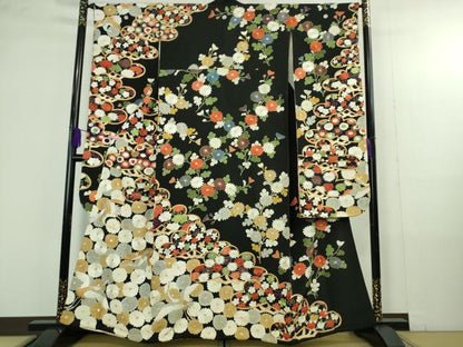 平和屋本店●極上　振袖　刺繍　飛鶴吉祥菊花松紋　黒地　金銀糸　逸品　DZAB4352kh6