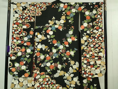 平和屋本店●極上　振袖　刺繍　飛鶴吉祥菊花松紋　黒地　金銀糸　逸品　DZAB4352kh6