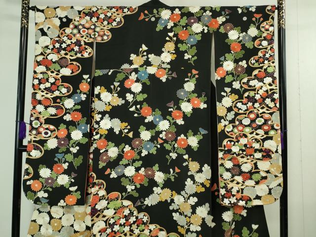 平和屋本店●極上　振袖　刺繍　飛鶴吉祥菊花松紋　黒地　金銀糸　逸品　DZAB4352kh6