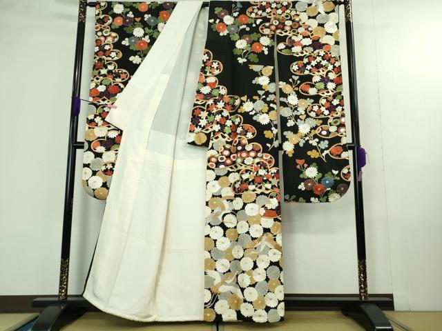 平和屋本店●極上　振袖　刺繍　飛鶴吉祥菊花松紋　黒地　金銀糸　逸品　DZAB4352kh6