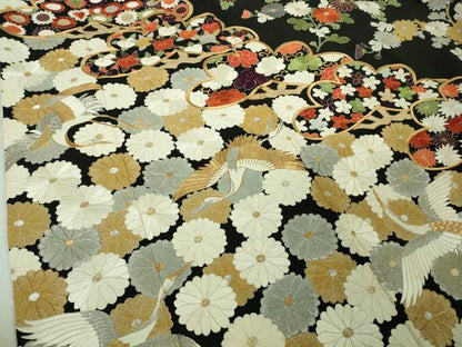 平和屋本店●極上　振袖　刺繍　飛鶴吉祥菊花松紋　黒地　金銀糸　逸品　DZAB4352kh6