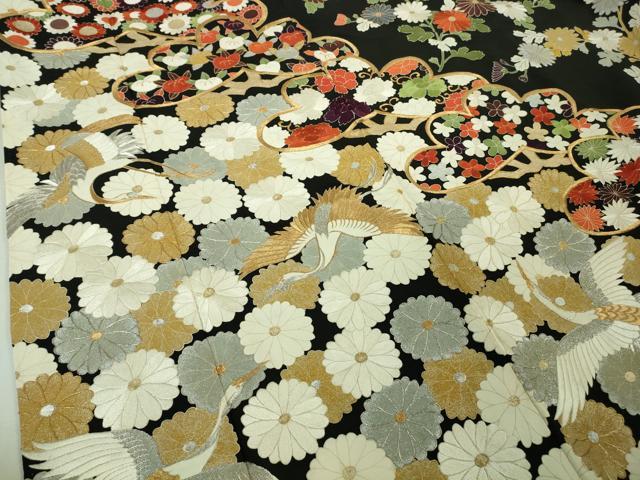 平和屋本店●極上　振袖　刺繍　飛鶴吉祥菊花松紋　黒地　金銀糸　逸品　DZAB4352kh6