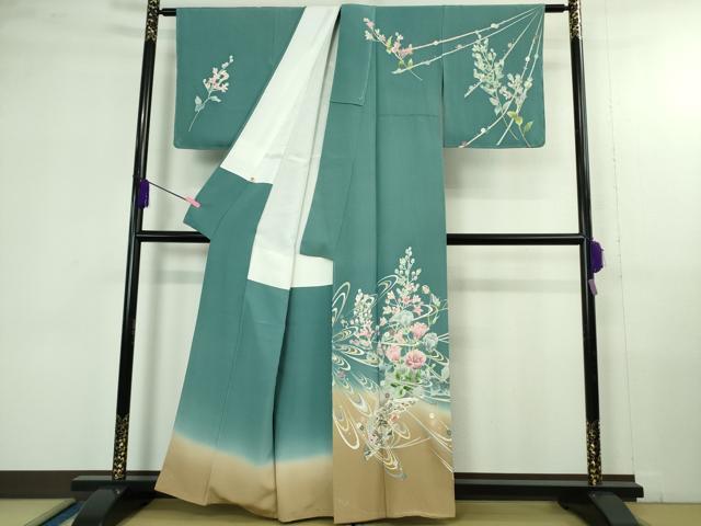 平和屋本店●極上　本加賀友禅作家　吉村伊佳子　訪問着　花束　枝花　暈し染め　錆御納戸色地　逸品　未使用　DZAB4358kh6