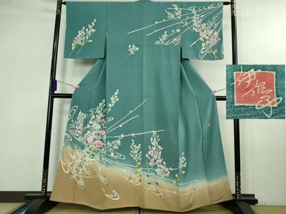 平和屋本店●極上　本加賀友禅作家　吉村伊佳子　訪問着　花束　枝花　暈し染め　錆御納戸色地　逸品　未使用　DZAB4358kh6