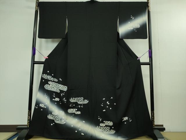 平和屋着物●極上　訪問着　総刺繍　舞花文　暈し染め　黒地　金糸　逸品　DZAB4359kh6