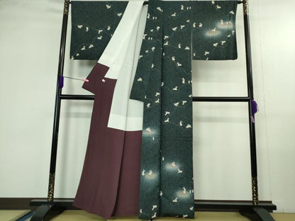 平和屋着物●極上　訪問着　お召地　兎　うさぎの親子　褐返色地　暈し染め　金彩　逸品　DZAB4360kh6