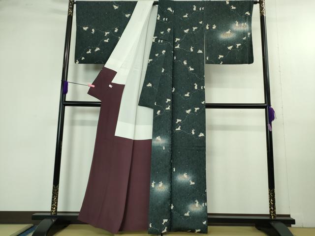 平和屋着物●極上　訪問着　お召地　兎　うさぎの親子　褐返色地　暈し染め　金彩　逸品　DZAB4360kh6
