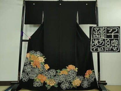 平和屋本店●極上　創業460年・千總　黒留袖　駒刺繍　牡丹　金糸　大丸扱い　逸品　DZAB4363kh6