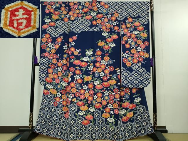 平和屋本店●極上　和染紅型　栗山紅型　栗山吉三郎　振袖　椿　梅　鉄紺色地　鬼しぼ縮緬　逸品　DZAB4366kh6