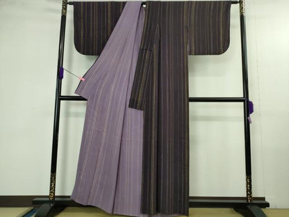 平和屋着物●極上　小紋　無双　絽袷　絽×絽　濃い葡萄色×竜胆色　間道　金糸　逸品　DZAB4368kh6