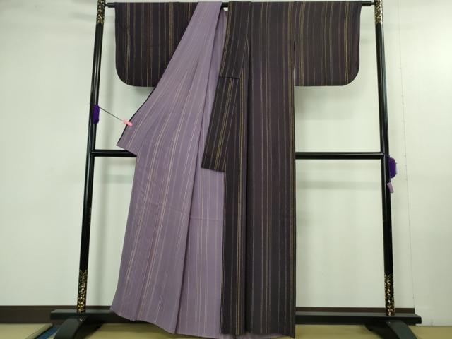 平和屋着物●極上　小紋　無双　絽袷　絽×絽　濃い葡萄色×竜胆色　間道　金糸　逸品　DZAB4368kh6