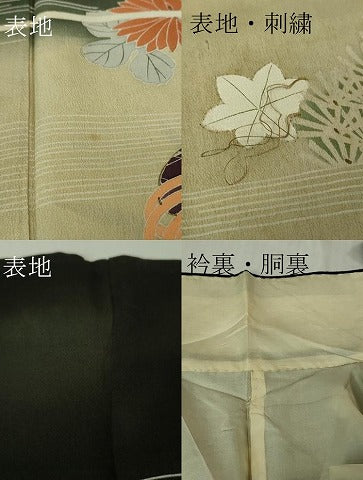 平和屋本店●極上　アンティーク　大正ロマン　振袖　刺繍　檜扇御所車花楓文　暈し染め　黒地　金彩　逸品　DZAB4370kh6