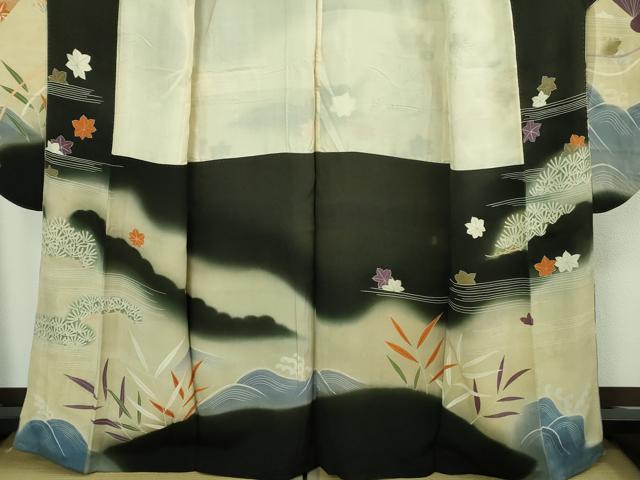 平和屋本店●極上　アンティーク　大正ロマン　振袖　刺繍　檜扇御所車花楓文　暈し染め　黒地　金彩　逸品　DZAB4370kh6
