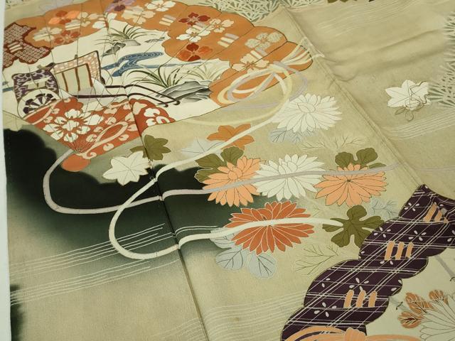 平和屋本店●極上　アンティーク　大正ロマン　振袖　刺繍　檜扇御所車花楓文　暈し染め　黒地　金彩　逸品　DZAB4370kh6