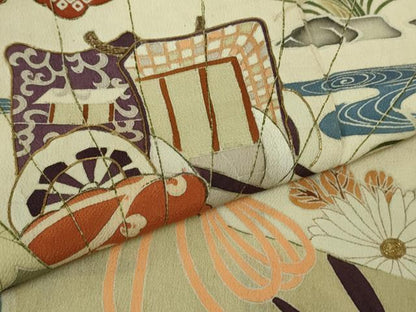 平和屋本店●極上　アンティーク　大正ロマン　振袖　刺繍　檜扇御所車花楓文　暈し染め　黒地　金彩　逸品　DZAB4370kh6
