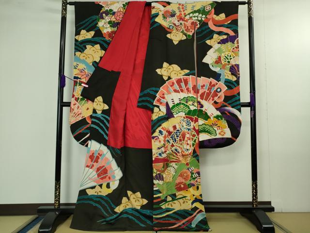 平和屋本店●極上　アンティーク　大正ロマン　振袖　駒刺繍　檜扇花薬玉文　黒地　金彩　逸品　DZAB4372kh6