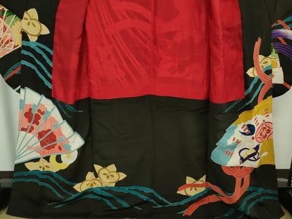 平和屋本店●極上　アンティーク　大正ロマン　振袖　駒刺繍　檜扇花薬玉文　黒地　金彩　逸品　DZAB4372kh6