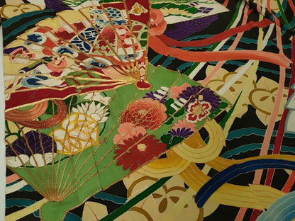 平和屋本店●極上　アンティーク　大正ロマン　振袖　駒刺繍　檜扇花薬玉文　黒地　金彩　逸品　DZAB4372kh6