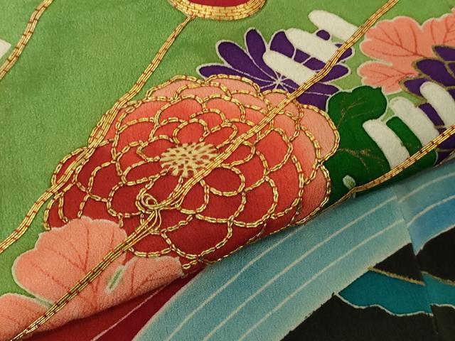 平和屋本店●極上　アンティーク　大正ロマン　振袖　駒刺繍　檜扇花薬玉文　黒地　金彩　逸品　DZAB4372kh6