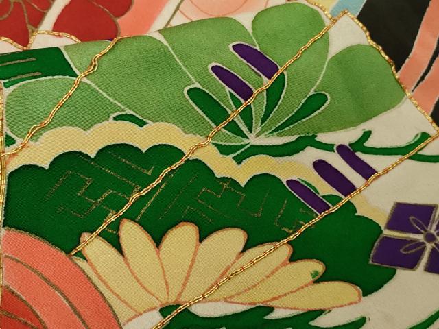 平和屋本店●極上　アンティーク　大正ロマン　振袖　駒刺繍　檜扇花薬玉文　黒地　金彩　逸品　DZAB4372kh6