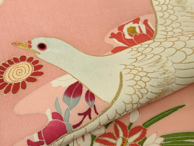平和屋本店●希少　アンティーク　大正ロマン　振袖　刺繍　鳩羽　ハト　霞花文　金彩　逸品　DZAB4373kh6