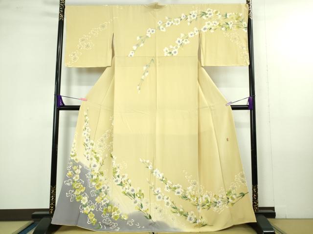 平和屋本店●極上　本加賀友禅作家　小林喜代美　訪問着　草花文　暈し染め　淡黄色地　逸品　DZAB4376kh6