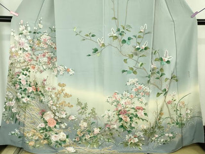 平和屋本店●極上　中国三大刺繍 スワトウ刺繍 汕頭刺繍 相良刺繍 訪問着 四季花文 パウダーブルー色地 暈し染め 金彩　逸品　DZAB4403kh6