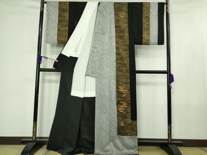 平和屋本店●極上　本疋田絞り　訪問着　駒刺繍　流水文　黒地　金彩　逸品　DZAB4405kh6