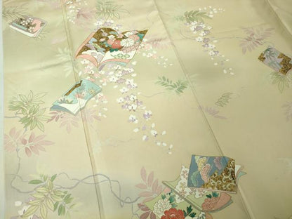 平和屋本店●極上　訪問着　駒刺繍　冊子花文　鳥の子色地　暈し染め　金彩　逸品　DZAB4409kh6
