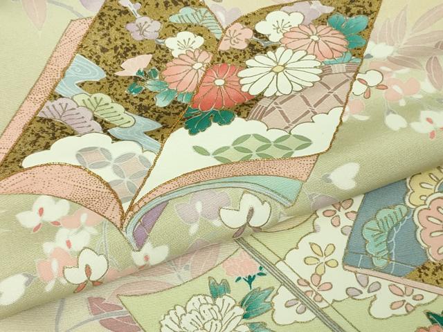 平和屋本店●極上　訪問着　駒刺繍　冊子花文　鳥の子色地　暈し染め　金彩　逸品　DZAB4409kh6