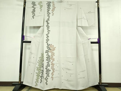 平和屋着物●極上 日本画家 手描き作家 デザイナー 高橋威至 BANKANわものや 訪問着 舞桜 白梅鼠色地 反端付き　逸品　未使用　DZAB4411kh6