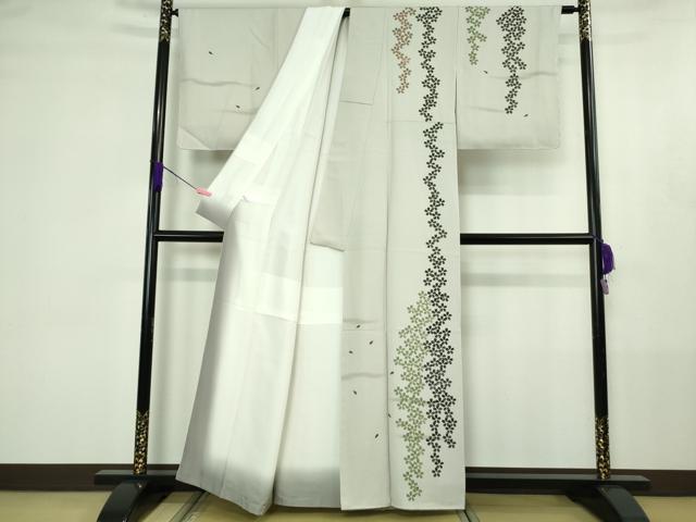 平和屋着物●極上 日本画家 手描き作家 デザイナー 高橋威至 BANKANわものや 訪問着 舞桜 白梅鼠色地 反端付き　逸品　未使用　DZAB4411kh6