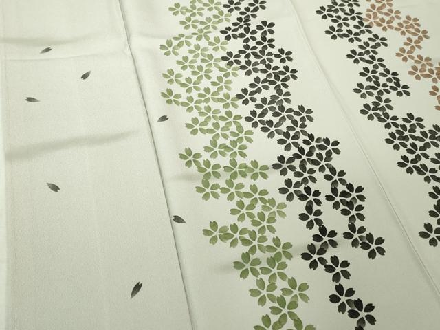 平和屋着物●極上 日本画家 手描き作家 デザイナー 高橋威至 BANKANわものや 訪問着 舞桜 白梅鼠色地 反端付き　逸品　未使用　DZAB4411kh6