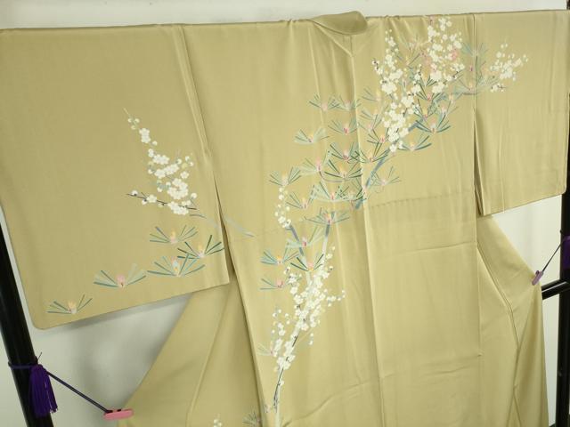 平和屋着物●極上　訪問着　友禅　作家物　群鳥　梅松文　枯色地　暈し染め　逸品　DZAB4419kh6