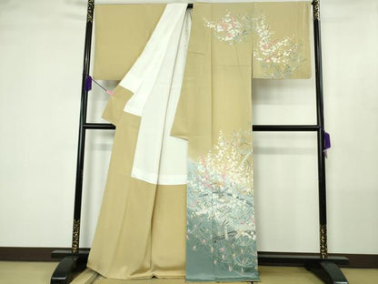平和屋着物●極上　訪問着　友禅　作家物　群鳥　梅松文　枯色地　暈し染め　逸品　DZAB4419kh6