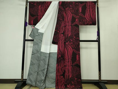 平和屋本店●極上　キモノデザイナー　斉藤上太郎　小紋　草花飛鶴シルエット　濃紅色地　反端付き　逸品　DZAB4420kh6