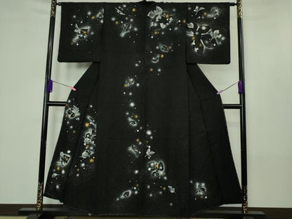 平和屋着物●極上　訪問着　草葉文　黒地　暈し染め　金銀彩　逸品　未使用　DZAB4421kh6