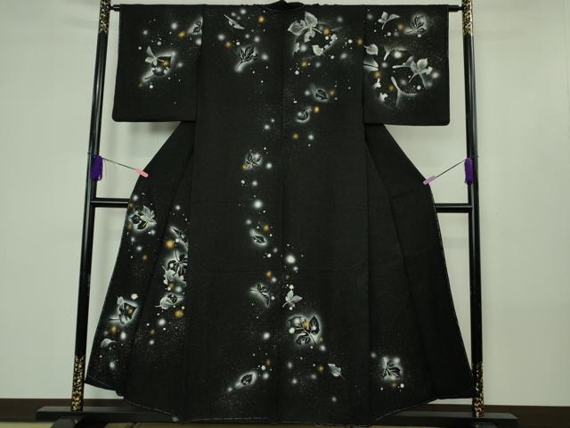 平和屋着物●極上　訪問着　草葉文　黒地　暈し染め　金銀彩　逸品　未使用　DZAB4421kh6