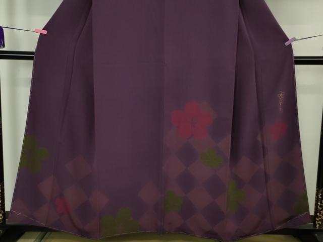 平和屋着物●極上　世界的人形師　辻村寿三郎　ジュサブロー　訪問着　舞花文　深紫色地　反端付き　逸品　未使用　DZAB4423kh6