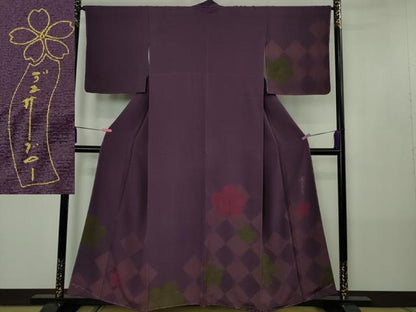 平和屋着物●極上　世界的人形師　辻村寿三郎　ジュサブロー　訪問着　舞花文　深紫色地　反端付き　逸品　未使用　DZAB4423kh6