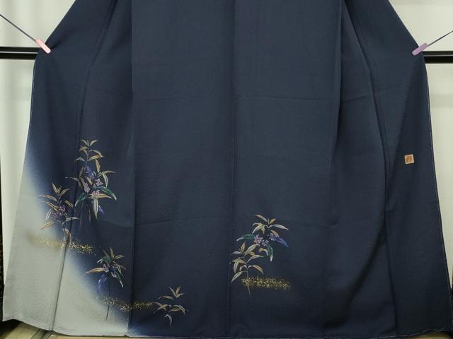 平和屋着物●極上　和紙染染色作家・植村彩弘　訪問着　南天草葉文　留紺色地　暈し染め　金彩　やまと誂製　逸品　未使用　DZAB4429kh6